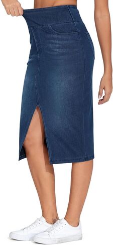 THE GYM PEOPLE Women's High Waisted Stretchy Jean Skirts Front Slit Midi Denim Skirt with Pockets in Kuwait