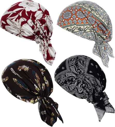 4pcs Pre-Tied Chemo Head Scarf Beanie Covers Cap Head Scarves Sleep Turban Hat Women Bandana with Stretch Print Ruffle in Saudi Arabia