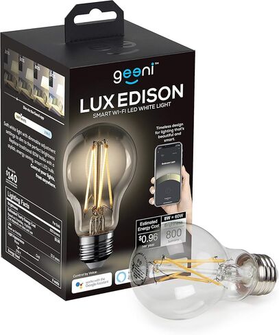 لمبة الإضاءة الذكية Geeni LUX Edison WiFi LED Edison الذكية، بيضاء ناعمة (2700K)، عبوتان - لمبات LED قابلة للتعتيم، A19، ما يعادل 60 وات، لا تتطلب محورًا، تعمل مع Amazon Alexa وGoogle Home in Kuwait