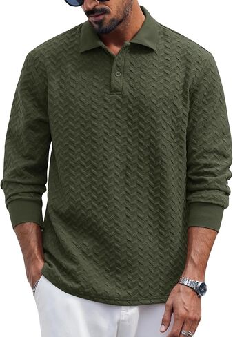 Mens Textured Polo Shirts Long Sleeve Stretchy Casual Button Pullover Classic Golf Top (S-XXL) in Saudi Arabia