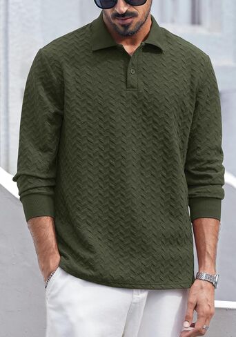 Mens Textured Polo Shirts Long Sleeve Stretchy Casual Button Pullover Classic Golf Top (S-XXL) in Saudi Arabia