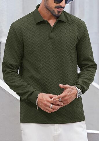 Mens Textured Polo Shirts Long Sleeve Stretchy Casual Button Pullover Classic Golf Top (S-XXL) in Saudi Arabia