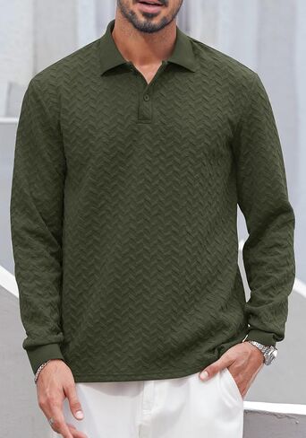 Mens Textured Polo Shirts Long Sleeve Stretchy Casual Button Pullover Classic Golf Top (S-XXL) in Saudi Arabia
