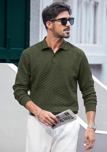 Mens Textured Polo Shirts Long Sleeve Stretchy Casual Button Pullover Classic Golf Top (S-XXL) in Saudi Arabia