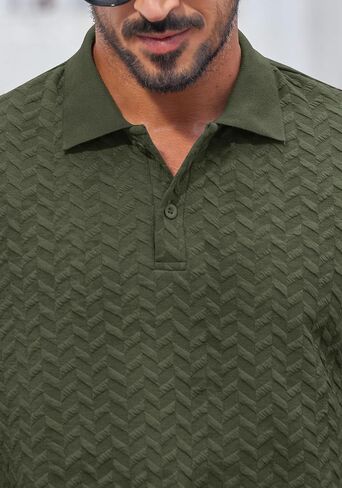 Mens Textured Polo Shirts Long Sleeve Stretchy Casual Button Pullover Classic Golf Top (S-XXL) in Saudi Arabia