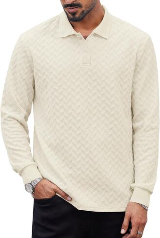 Mens Textured Polo Shirts Long Sleeve Stretchy Casual Button Pullover Classic Golf Top (S-XXL) in Saudi Arabia