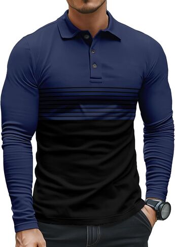 Mens Polo Shirts Long Sleeve Casual Collared Shirt Classic Button Polo Tee Collared Work Pullover Shirts in Saudi Arabia