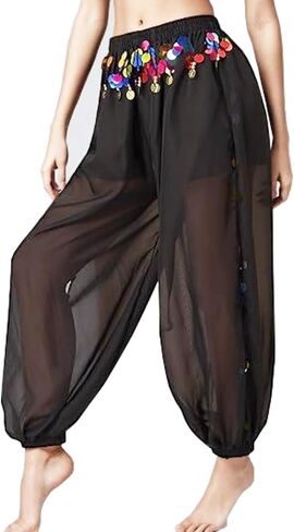 Women Sequins Belly Dance Pants India Arabian Stage Performance Coins Harem Long Trousers in Saudi Arabia
