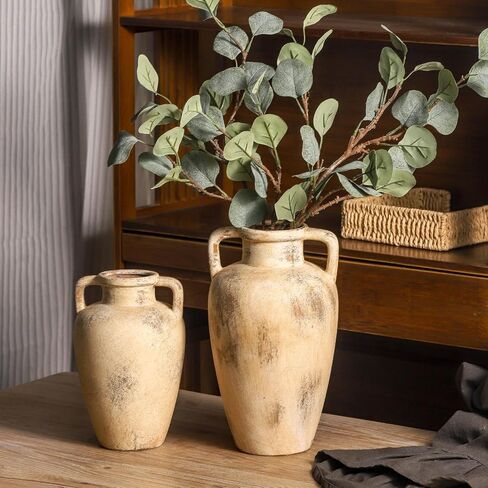 Large Ceramic Flower Vase,11.41 inch Tall Terracotta Farmhouse Rustic Vase with 2 Handles for Home Decor, Living Room Shelf Decor, Enterway, Wedding, Table Decoration in Saudi Arabia