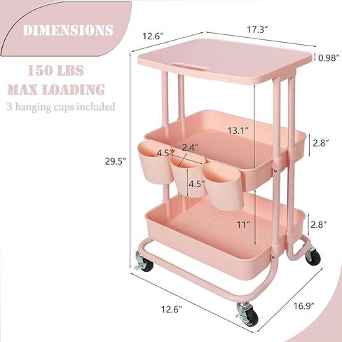 3 Tier Rolling Cart Table Top, Rolling Metal Organization Cart with 3 Cups & 3 Hooks, Multifunctional Storage Shelves with Wheels for Kitchen Living Room Office,Black in Kuwait