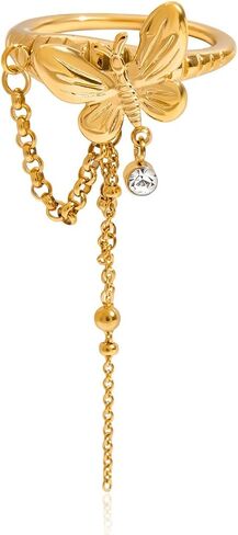 Gold-Plated Butterfly Ring with Dangling Chains and Cubic Zirconia, Adjustable Statement Ring,Cocktail Party Minimalist Ring for Women in Saudi Arabia