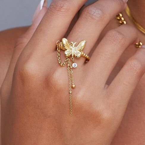 Gold-Plated Butterfly Ring with Dangling Chains and Cubic Zirconia, Adjustable Statement Ring,Cocktail Party Minimalist Ring for Women in Saudi Arabia
