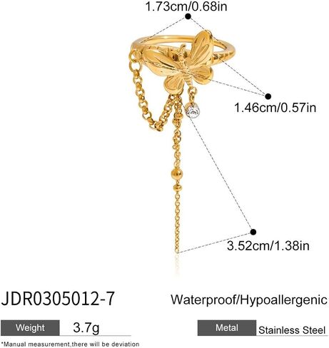 Gold-Plated Butterfly Ring with Dangling Chains and Cubic Zirconia, Adjustable Statement Ring,Cocktail Party Minimalist Ring for Women in Saudi Arabia