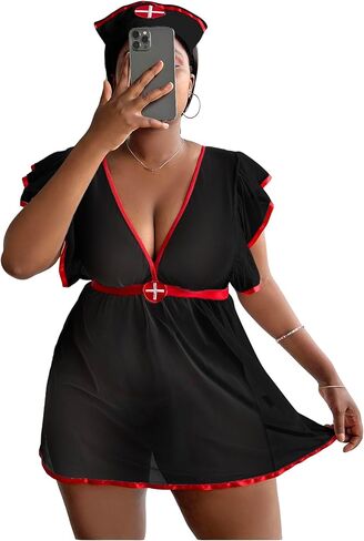 WDIRARA Women's Plus Size 3 Piece Nurse Roleplay Lingerie Set Mesh Sheer Naughty Cosplay Costume in Kuwait