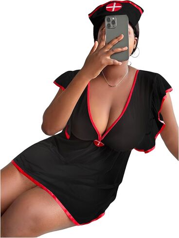 WDIRARA Women's Plus Size 3 Piece Nurse Roleplay Lingerie Set Mesh Sheer Naughty Cosplay Costume in Kuwait