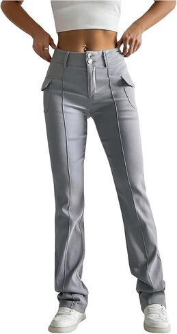 Floerns Women's Solid High Waisted Stretch Pants Straight Leg Pants with Flap Pockets in Kuwait