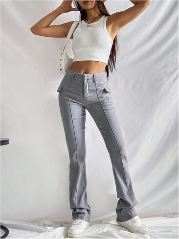 Floerns Women's Solid High Waisted Stretch Pants Straight Leg Pants with Flap Pockets in Kuwait