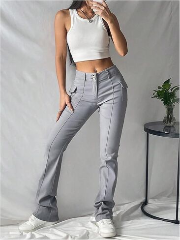 Floerns Women's Solid High Waisted Stretch Pants Straight Leg Pants with Flap Pockets in Kuwait