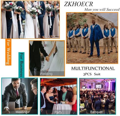 طقم بدلة رجالي مكون من 3 قطع بقصة ضيقة، سترة وسترة وسروال وسروال بدلة عمل لحفلات الزفاف in Kuwait