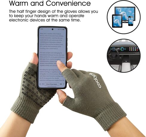 COOLJOB 2 Pairs Warm Knit Fingerless Winter Gloves with Non-slip Silicone Grip, Half Finger Stretchy Mittens for Men Women in Kuwait