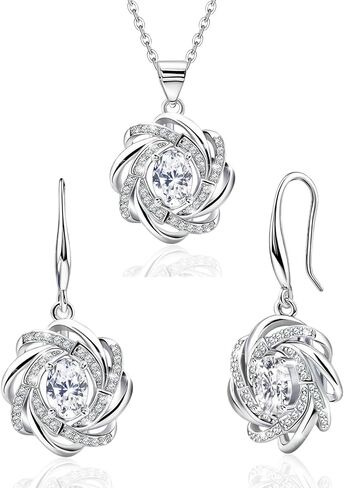 Sterling Silver Drop Dangle Earrings and Oval Pendant Necklace Set for Women Hypoallergenic Shiny Cubic Zirconia Dangling Earrings Adjustable CZ Charms Necklace Classic Jewelry Gifts in Saudi Arabia