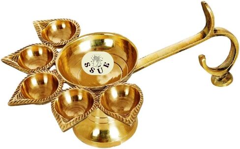 مصباح زيتي من النحاس Panchmukhi Deepak Aarti Pooja Puja Five Face Jyoti Diya مع ملحق مقبض للإيجابية والنجاح والصحة والثروة وعبادة المعبد الديني/هدية مهرجان ديوالي ماندير (6 بوصات) in Saudi Arabia
