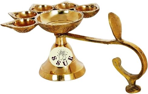مصباح زيتي من النحاس Panchmukhi Deepak Aarti Pooja Puja Five Face Jyoti Diya مع ملحق مقبض للإيجابية والنجاح والصحة والثروة وعبادة المعبد الديني/هدية مهرجان ديوالي ماندير (6 بوصات) in Saudi Arabia