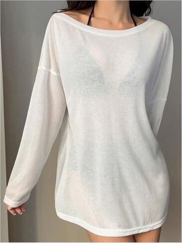 Women's Off Shoulder Swimsuit Coverup See Through Long Sleeve Bathing Suit Cover Up Beachwear in Saudi Arabia