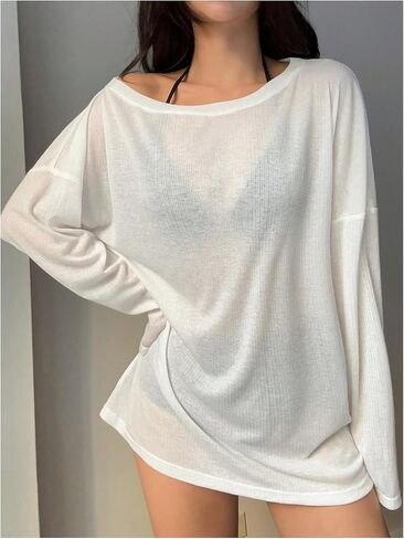 Women's Off Shoulder Swimsuit Coverup See Through Long Sleeve Bathing Suit Cover Up Beachwear in Saudi Arabia