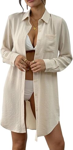 Women’s Swimsuit Cover up,Button Down Shirt Midi Dress,Summer Beach Coverups,Bathing Suit,Womens Blouse Top,Shirt Dress in Saudi Arabia
