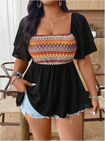 بلوزة نسائية مقاس كبير برسومات هندسية مكشكشة بيبلوم، نصف كم، رقبة مربعة، قطع علوية للخروج in Kuwait