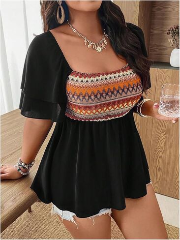 بلوزة نسائية مقاس كبير برسومات هندسية مكشكشة بيبلوم، نصف كم، رقبة مربعة، قطع علوية للخروج in Kuwait