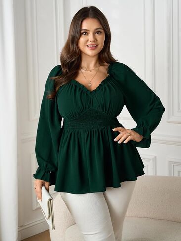 بلوزة SCOMCHIC للسيدات بمقاسات كبيرة وأكمام طويلة وبلوزة مكشكشة على شكل قلب وخط عنق بيبلوم بيبي دول in Saudi Arabia