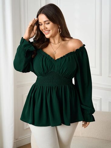 بلوزة SCOMCHIC للسيدات بمقاسات كبيرة وأكمام طويلة وبلوزة مكشكشة على شكل قلب وخط عنق بيبلوم بيبي دول in Saudi Arabia