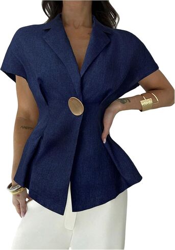 GORGLITTER Women's Button Front Pleated Blazer Short Sleeve Lapel Neck Single Breasted Work Casual Blouse in Saudi Arabia