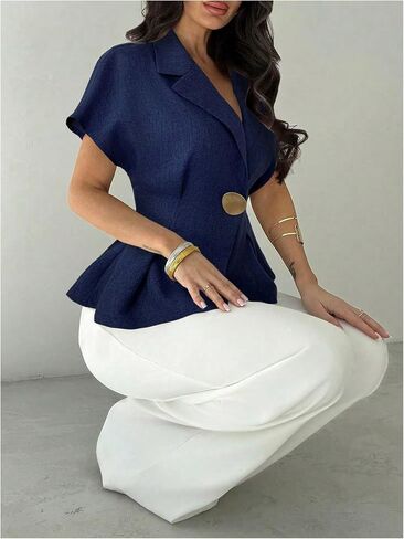 GORGLITTER Women's Button Front Pleated Blazer Short Sleeve Lapel Neck Single Breasted Work Casual Blouse in Saudi Arabia