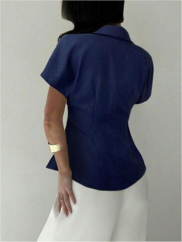 GORGLITTER Women's Button Front Pleated Blazer Short Sleeve Lapel Neck Single Breasted Work Casual Blouse in Saudi Arabia