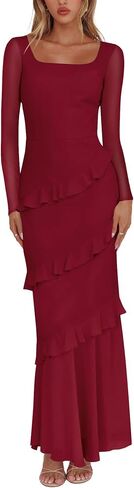 Nova In Sky Women's Wedding Guest Dress Maxi Long Sleeve Mesh Ruffle Formal Bodycon Mermaid Evening Cocktail Long Dress in Saudi Arabia