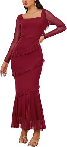 Nova In Sky Women's Wedding Guest Dress Maxi Long Sleeve Mesh Ruffle Formal Bodycon Mermaid Evening Cocktail Long Dress in Saudi Arabia
