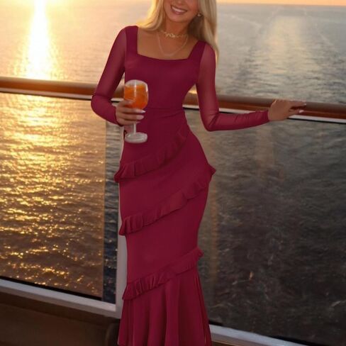 Nova In Sky Women's Wedding Guest Dress Maxi Long Sleeve Mesh Ruffle Formal Bodycon Mermaid Evening Cocktail Long Dress in Saudi Arabia