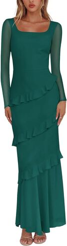 Nova In Sky Women's Wedding Guest Dress Maxi Long Sleeve Mesh Ruffle Formal Bodycon Mermaid Evening Cocktail Long Dress in Saudi Arabia