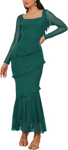 Nova In Sky Women's Wedding Guest Dress Maxi Long Sleeve Mesh Ruffle Formal Bodycon Mermaid Evening Cocktail Long Dress in Saudi Arabia