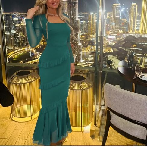 Nova In Sky Women's Wedding Guest Dress Maxi Long Sleeve Mesh Ruffle Formal Bodycon Mermaid Evening Cocktail Long Dress in Saudi Arabia