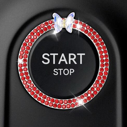 Bling Car Push Start Button Accessories للنساء، فراشة متلألئة حجر الراين محرك السيارة دفع لبدء غطاء الزر شعار حلقة الديكور، ملحقات الديكور الداخلي للسيارة (أحمر) in Kuwait