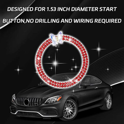 Bling Car Push Start Button Accessories للنساء، فراشة متلألئة حجر الراين محرك السيارة دفع لبدء غطاء الزر شعار حلقة الديكور، ملحقات الديكور الداخلي للسيارة (أحمر) in Kuwait