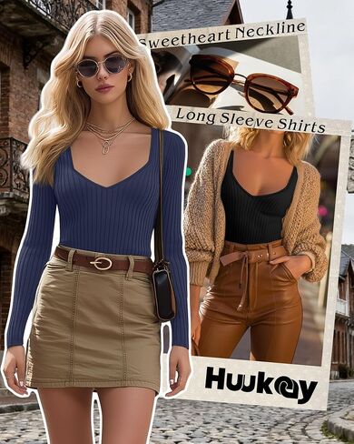 Huukeay 3 Pack Women's Ribbed Long Sleeve Shirts, Sexy Sweetheart Neckline Tops Fall Knit Slim Fit T-Shirt Y2k Going Out Tees in Saudi Arabia