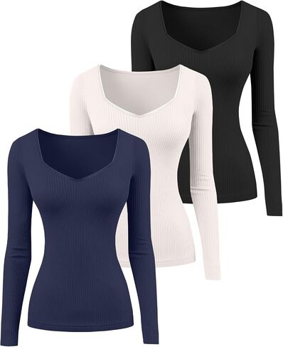 Huukeay 3 Pack Women's Ribbed Long Sleeve Shirts, Sexy Sweetheart Neckline Tops Fall Knit Slim Fit T-Shirt Y2k Going Out Tees in Saudi Arabia
