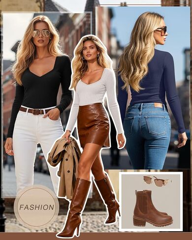 Huukeay 3 Pack Women's Ribbed Long Sleeve Shirts, Sexy Sweetheart Neckline Tops Fall Knit Slim Fit T-Shirt Y2k Going Out Tees in Saudi Arabia
