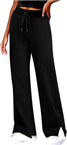 Trousers Pants for Women 2025 Fall Split Hem Wide Leg Lounge Pants Plain High Waisted Casual Sweatpants with Pockets in Saudi Arabia