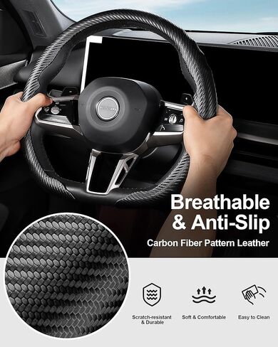 غطاء عجلة قيادة السيارة من جلد نابا ويست لاما على شكل حرف D، عالمي مقاس 15 بوصة (أسود على شكل حرف D) in Kuwait